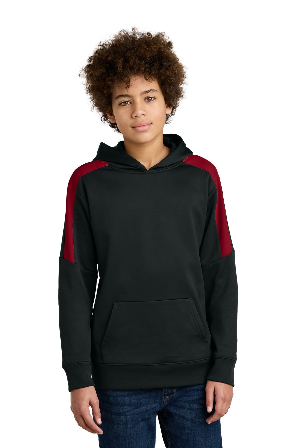 Sport-Tek YST255 Youth Sport-Wick Fleece Pullover Hoodie in Black/ Deep Red