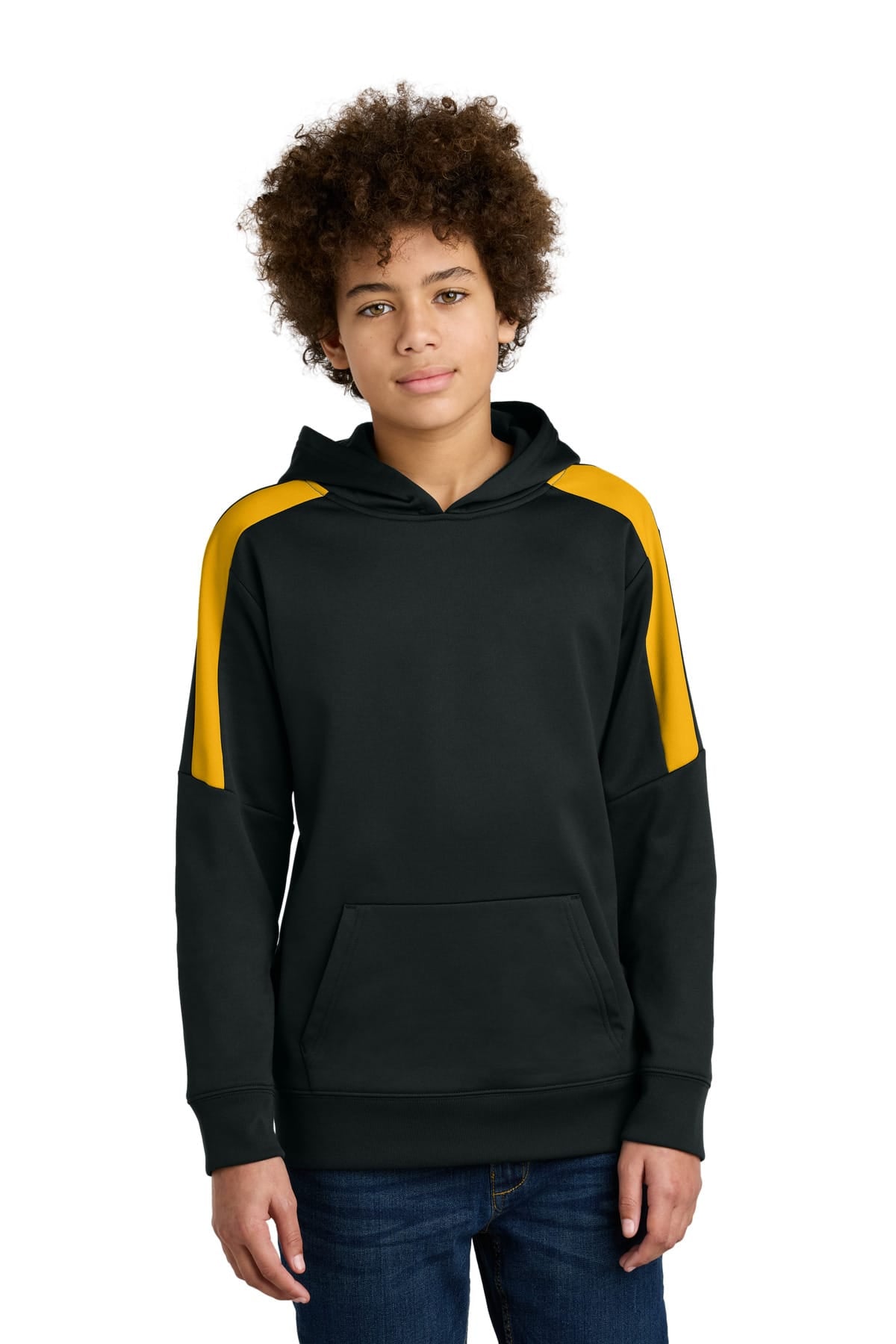 Sport-Tek YST255 Youth Sport-Wick Fleece Pullover Hoodie in Black/ Gold