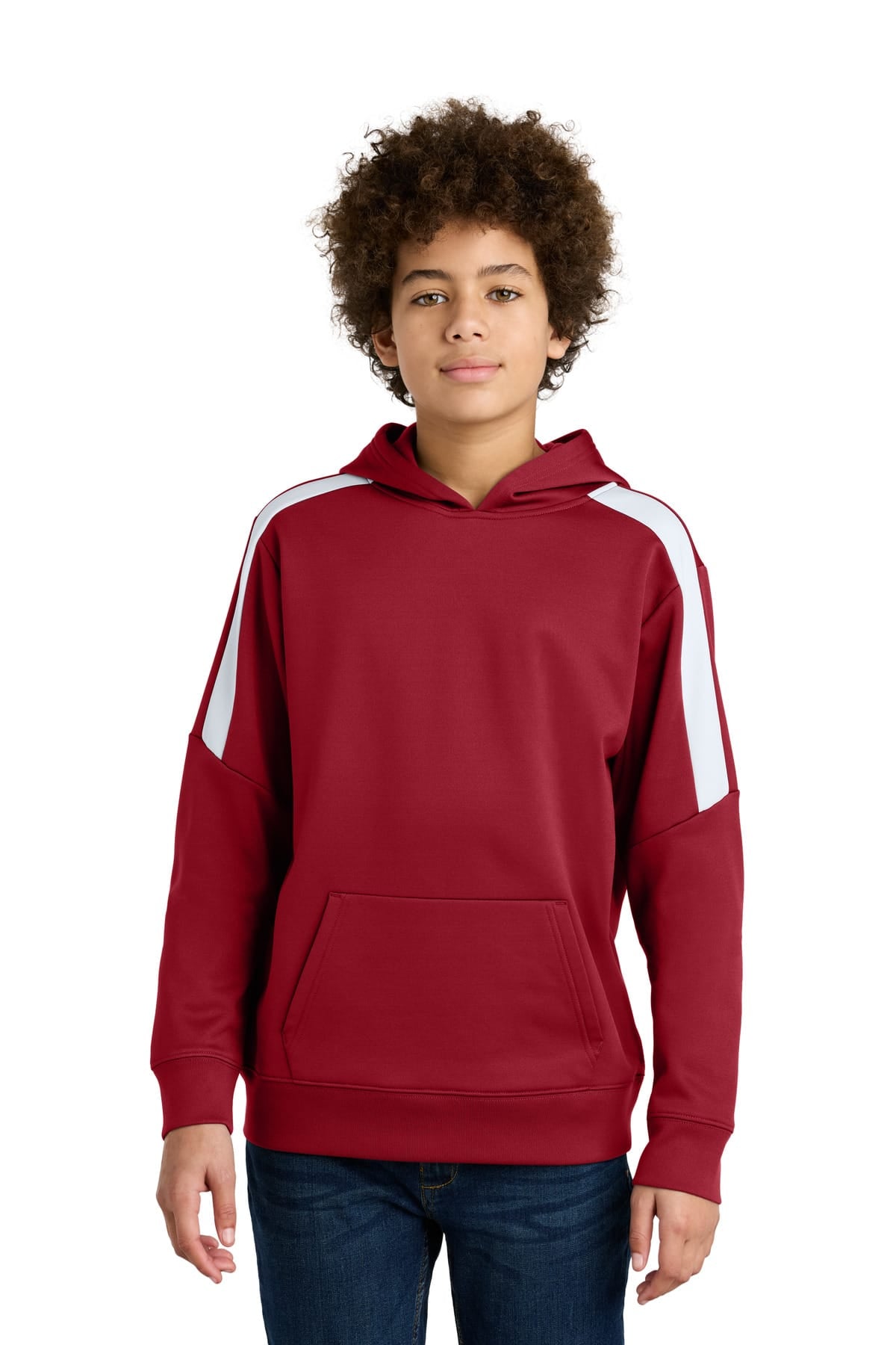 Sport-Tek YST255 Youth Sport-Wick Fleece Pullover Hoodie in Deep Red/ White