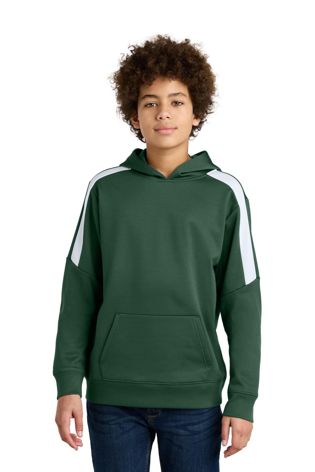 Sport-Tek YST255 Youth Sport-Wick Fleece Pullover Hoodie in Forest Green/ White