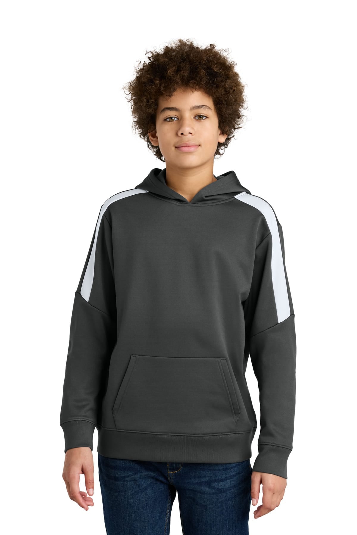 Sport-Tek YST255 Youth Sport-Wick Fleece Pullover Hoodie in Iron Grey/ White