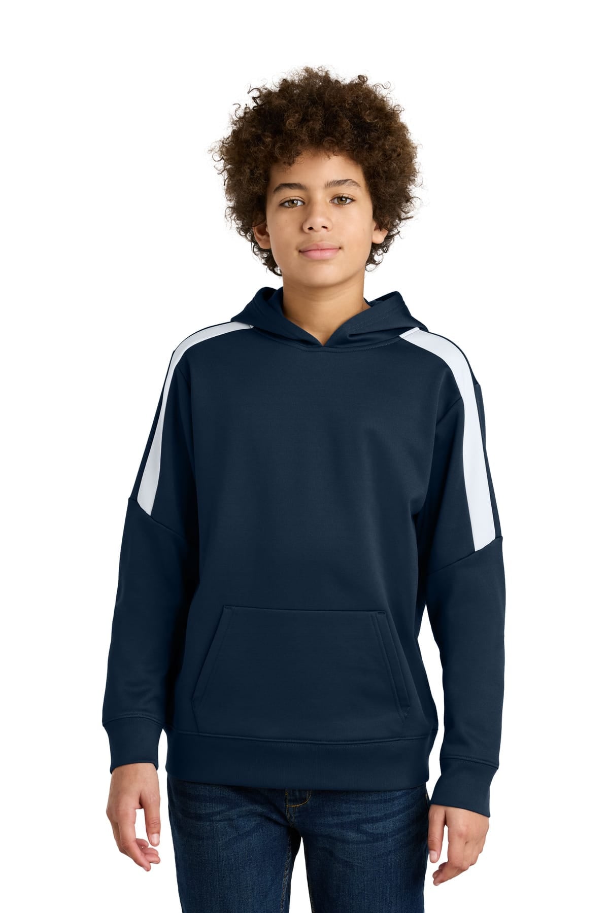 Sport-Tek YST255 Youth Sport-Wick Fleece Pullover Hoodie in Navy/ White