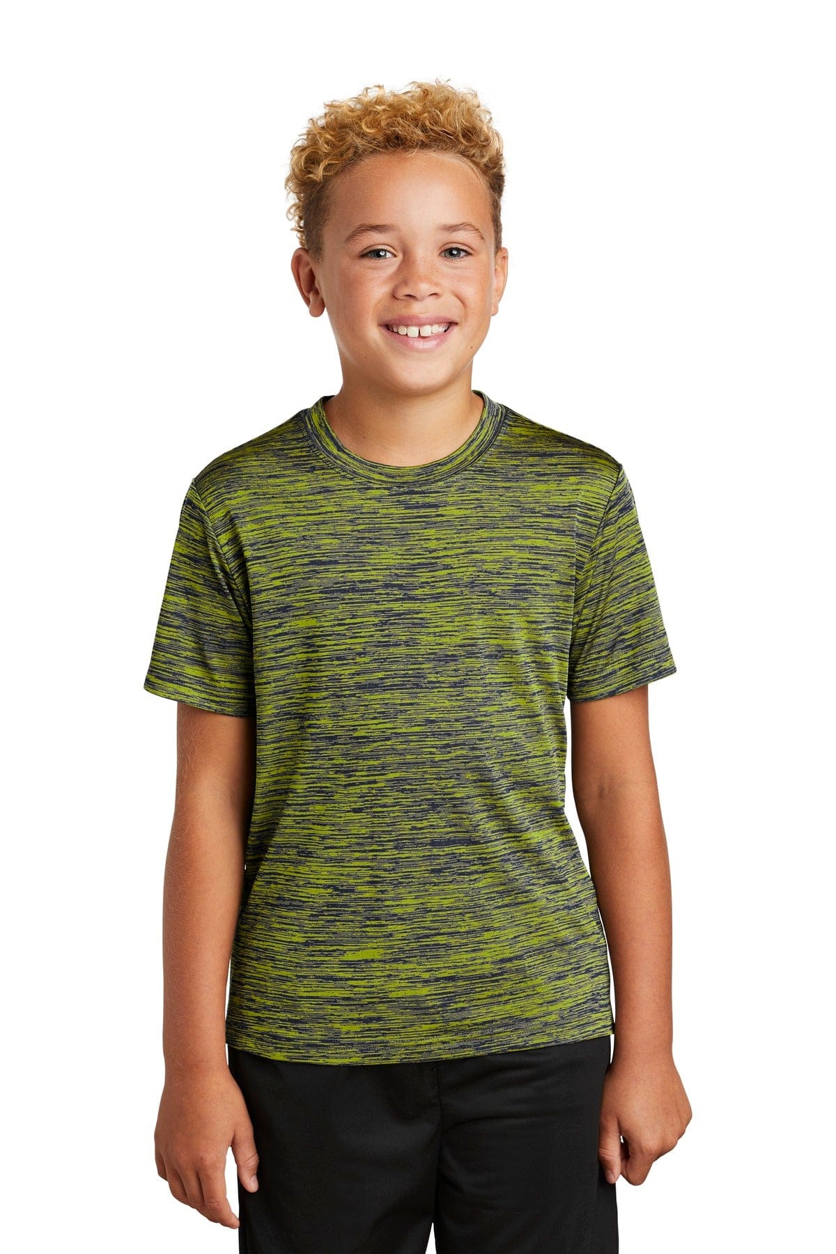 Sport-Tek YST390 Youth PosiCharge Electric Heather Tee in Lime Shock-True Navy Electric