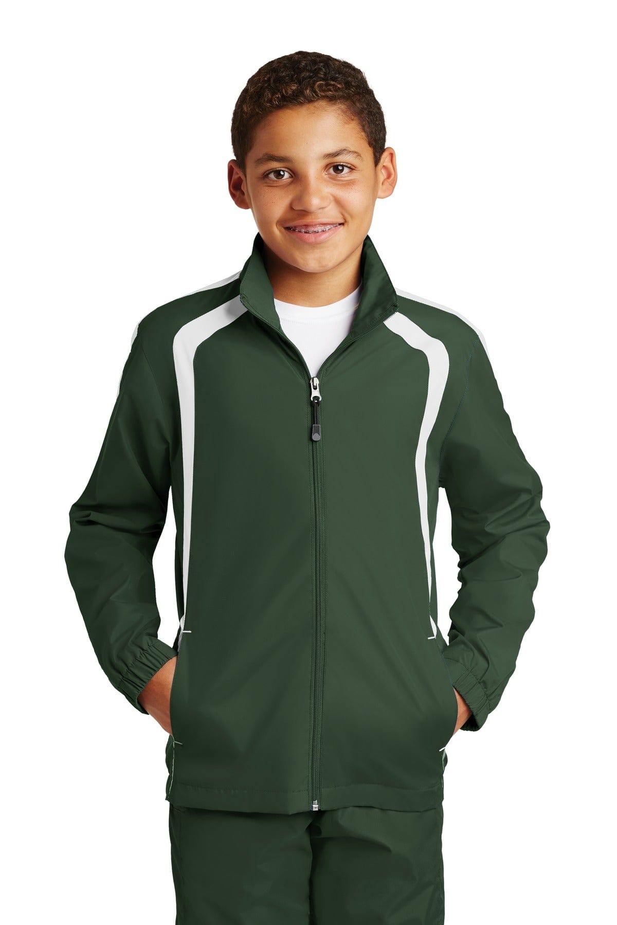 Sport-Tek YST60 Youth Colorblock Raglan Jacket in Forest Green/ White