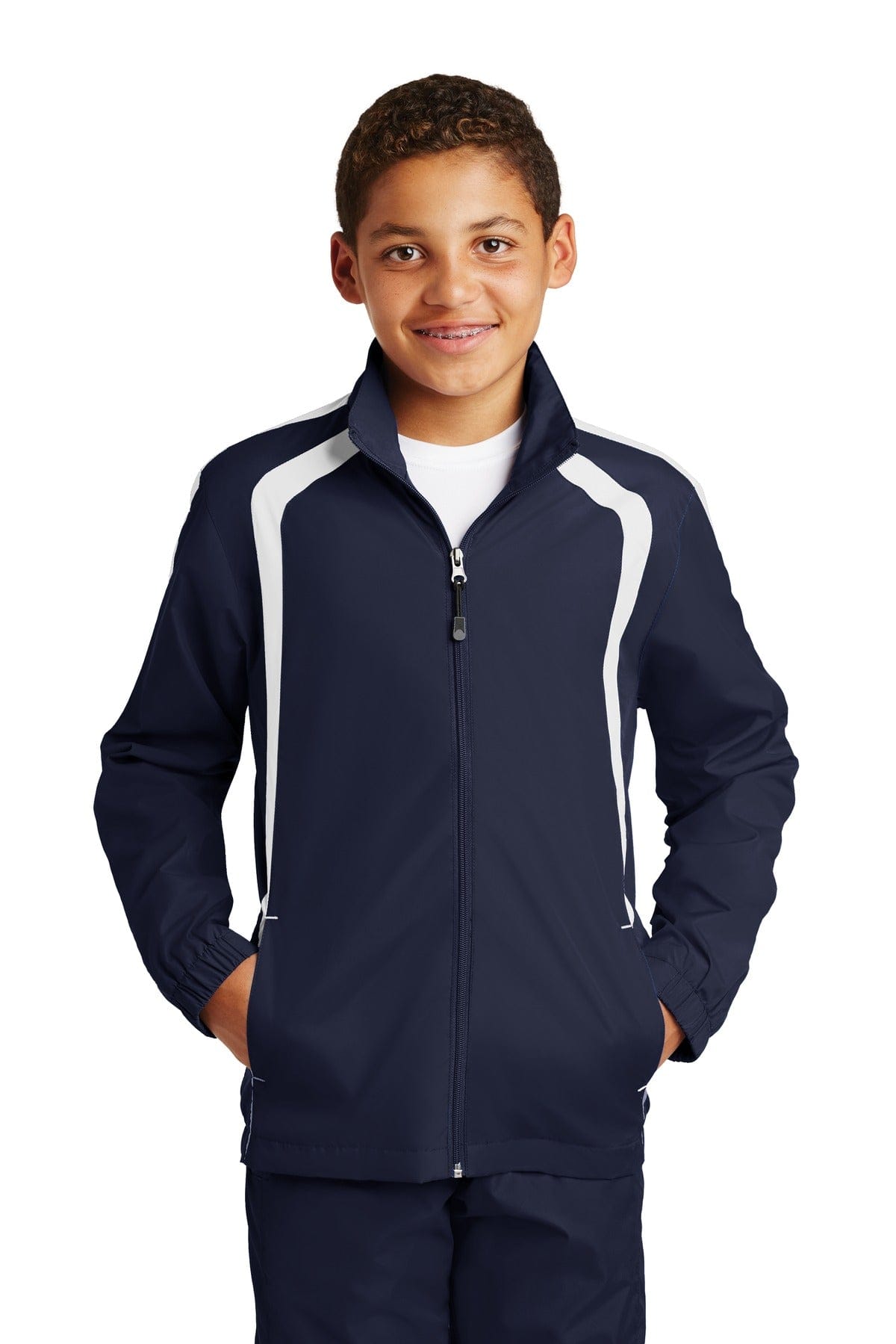 Sport-Tek YST60 Youth Colorblock Raglan Jacket in True Navy/ White