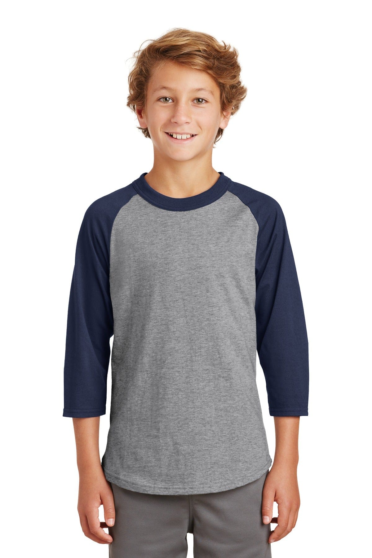 Sport-Tek YT200 Youth Colorblock Raglan Jersey in Heather Grey/ Navy