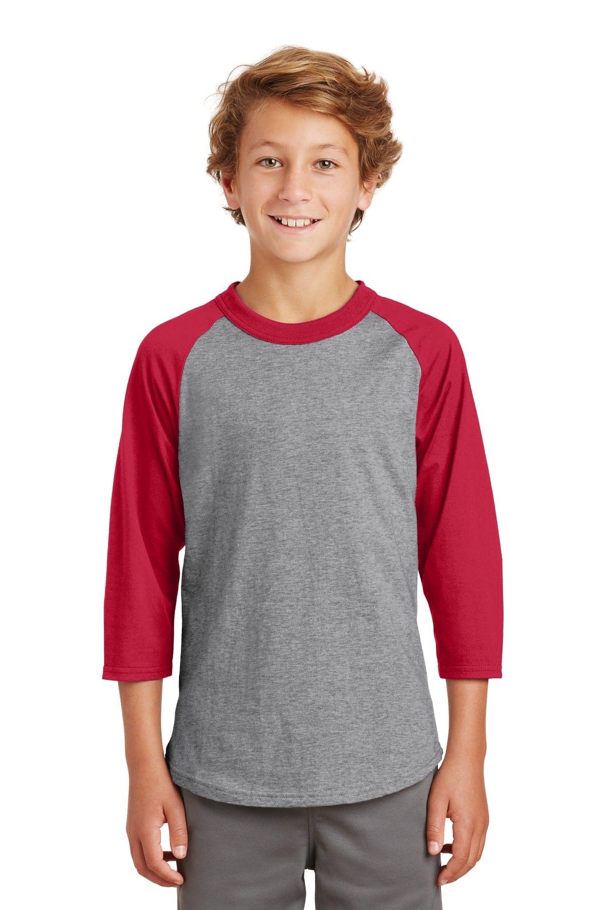 Sport-Tek YT200 Youth Colorblock Raglan Jersey in Heather Grey/ Red