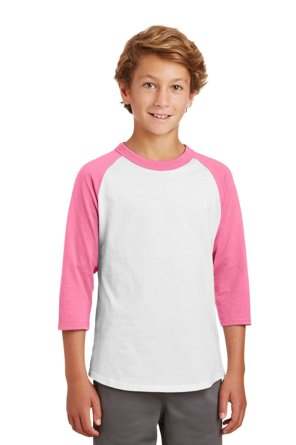 Sport-Tek YT200 Youth Colorblock Raglan Jersey in White/ Bright Pink