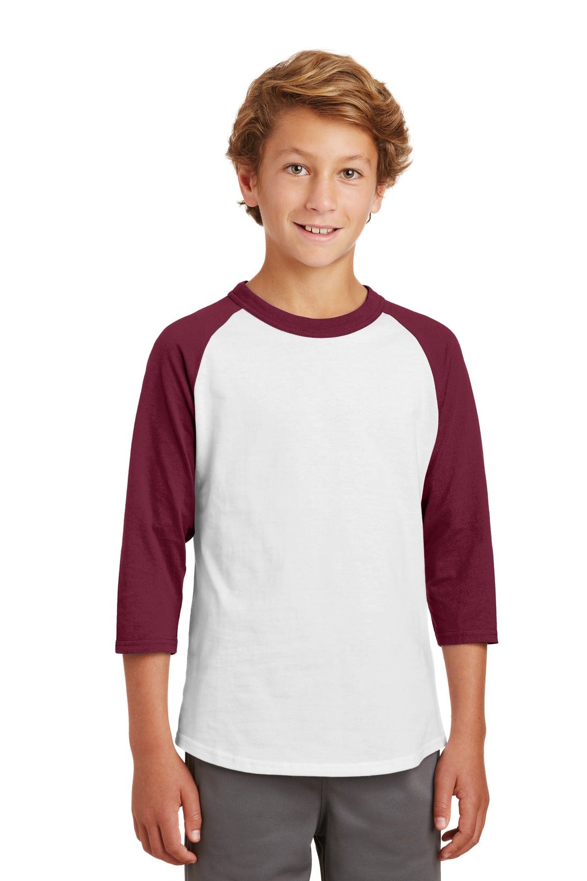 Sport-Tek YT200 Youth Colorblock Raglan Jersey in White/ Cardinal