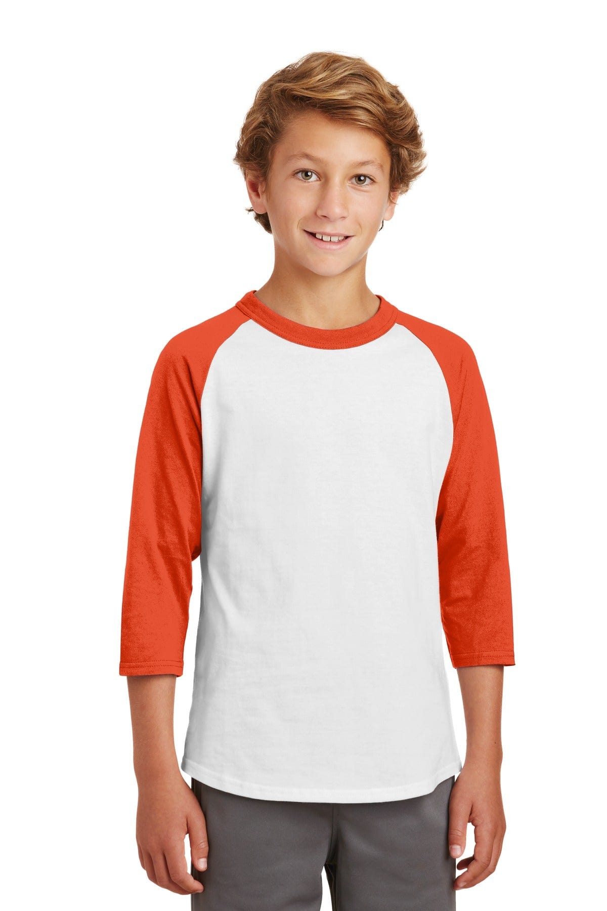 Sport-Tek YT200 Youth Colorblock Raglan Jersey in White/ Deep Orange