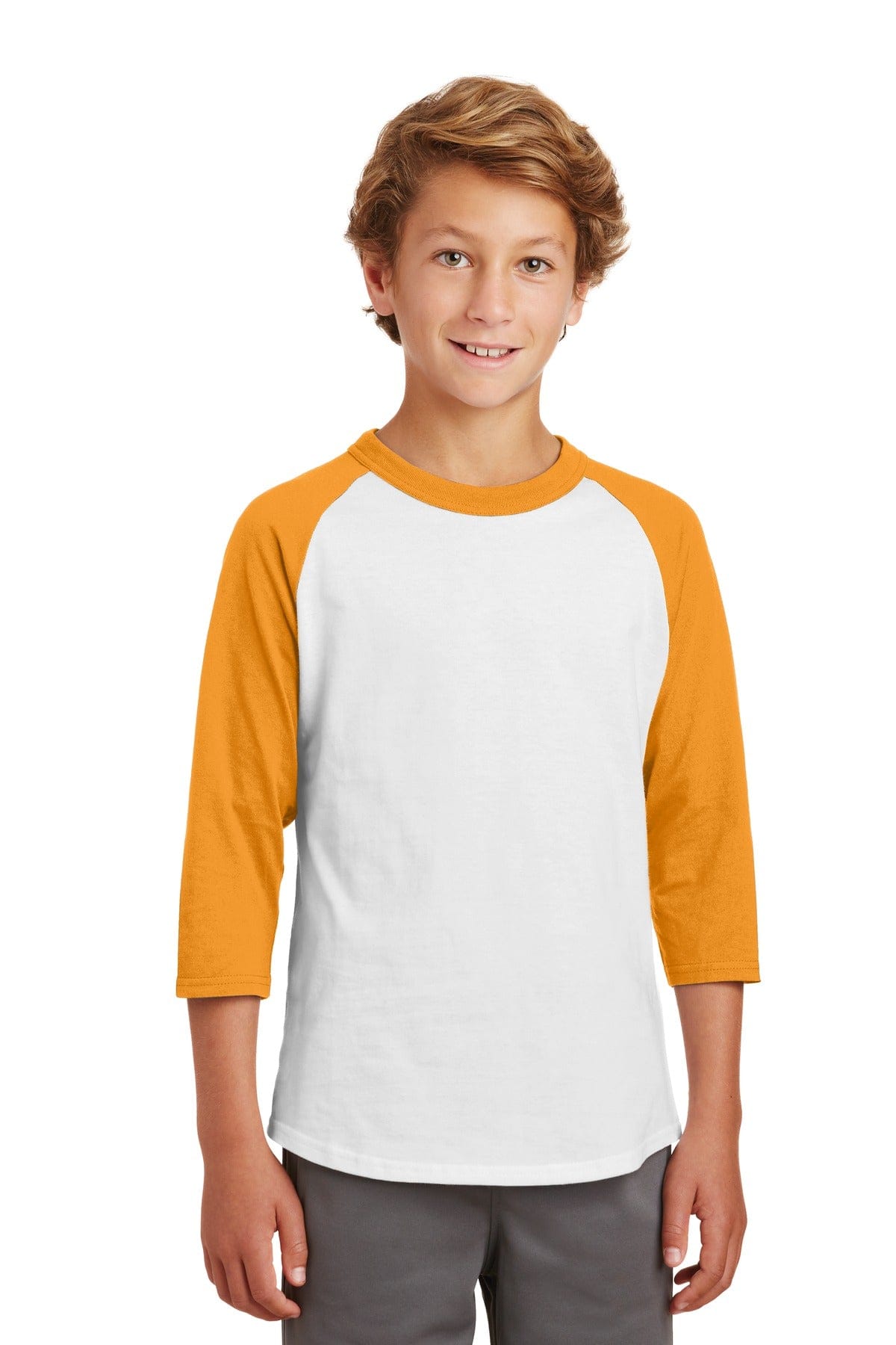 Sport-Tek YT200 Youth Colorblock Raglan Jersey in White/ Gold