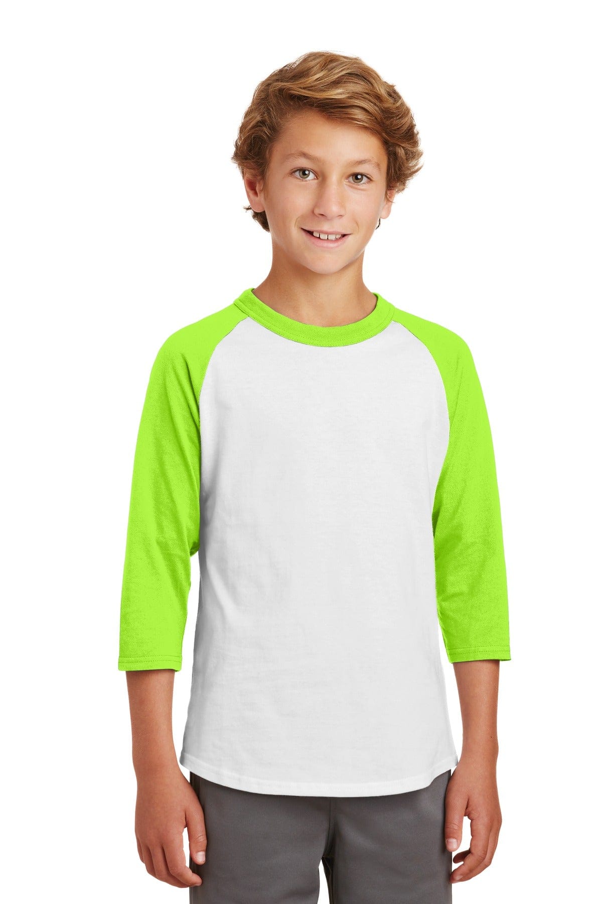 Sport-Tek YT200 Youth Colorblock Raglan Jersey in White/ Lime Shock
