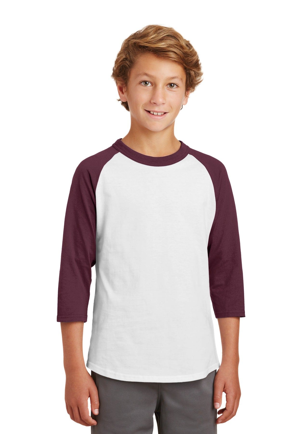 Sport-Tek YT200 Youth Colorblock Raglan Jersey in White/ Maroon