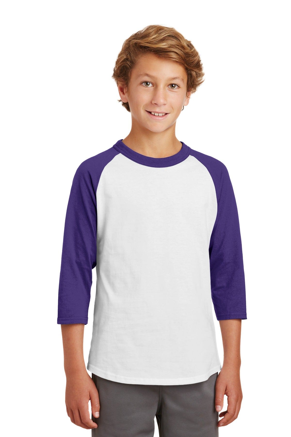 Sport-Tek YT200 Youth Colorblock Raglan Jersey in White/ Purple