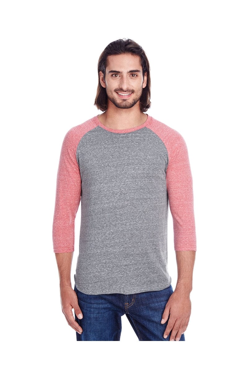 Threadfast Apparel 302G: Unisex Triblend 3/4-Sleeve Raglan in Grey/ Red Tribld
