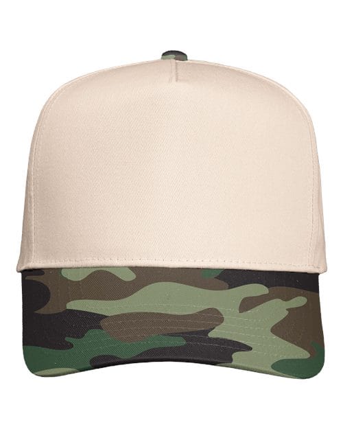 Valucap 8869 Five-Panel Twill Cap in Natural/ Camo Green