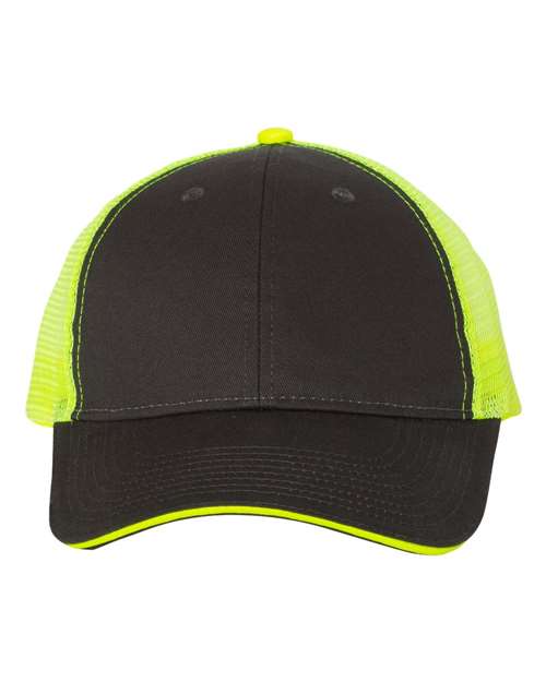 Valucap S102 Sandwich Trucker Cap in Charcoal/ Neon Yellow