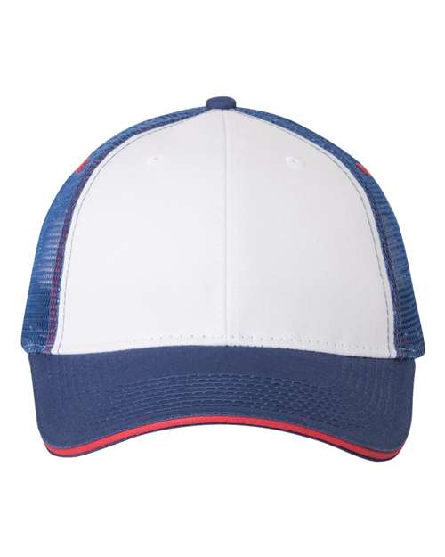 Valucap S102 Sandwich Trucker Cap in White/ Royal/ Red