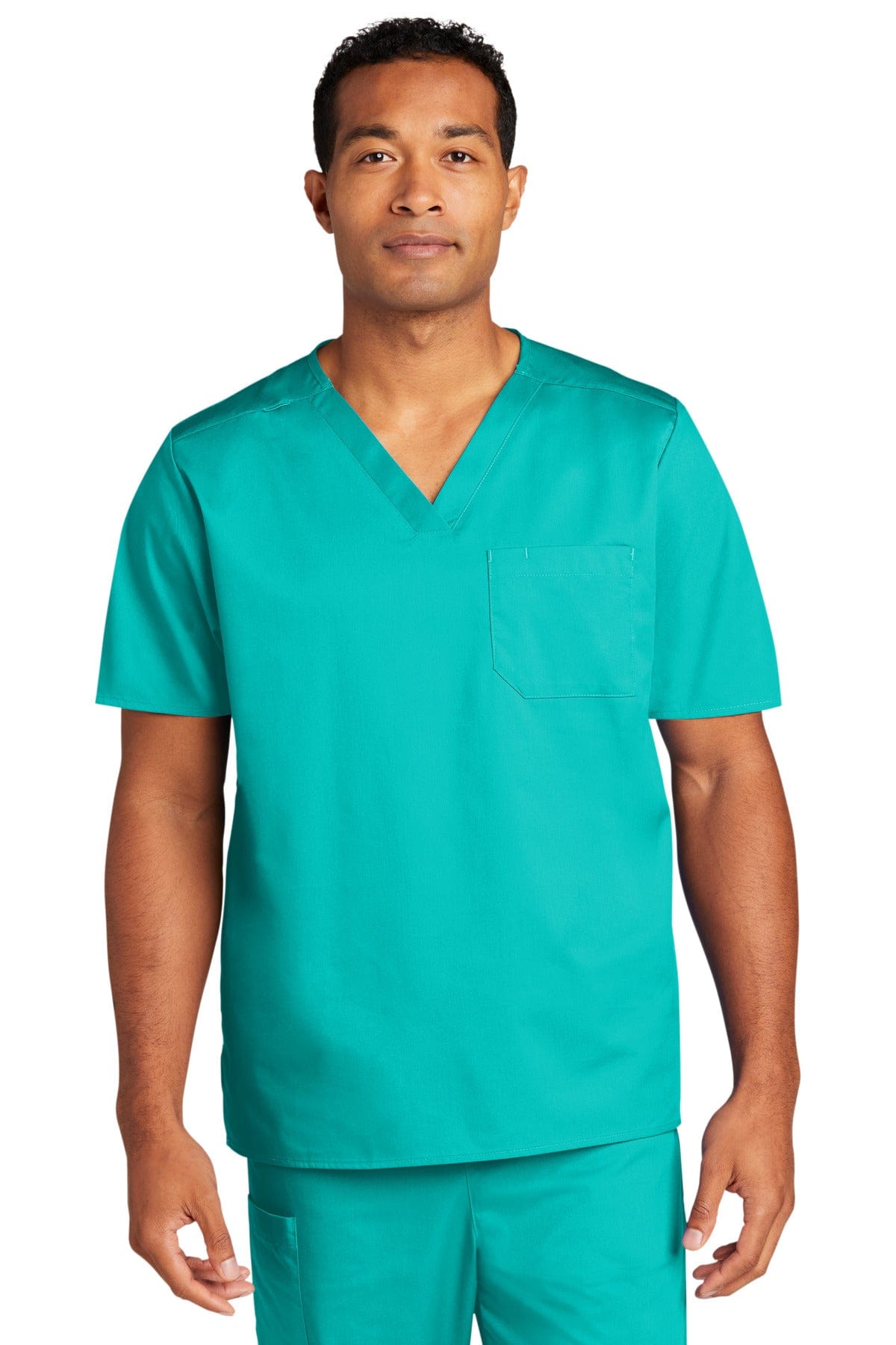 WonderWink WW3160 Unisex WorkFlex Chest Pocket V-Neck Top in Teal Blue