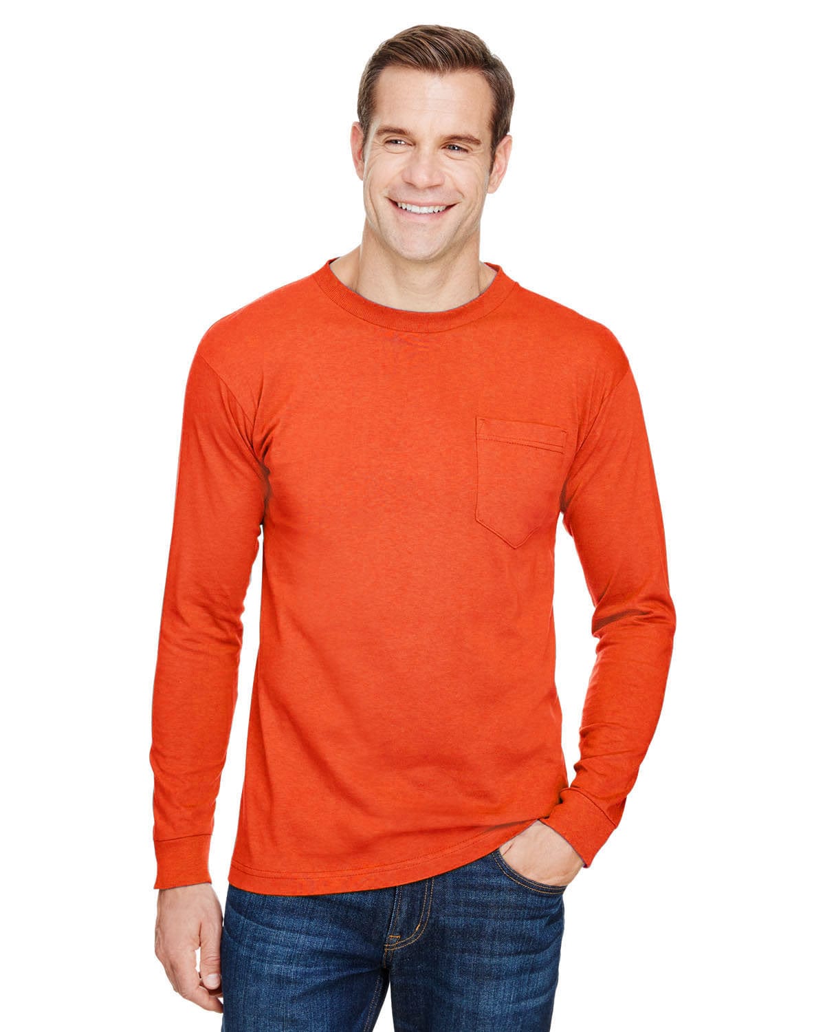 Bayside T-Shirts S / Bright Orange Bayside BA3055: Unisex Union-Made Long-Sleeve Pocket Crew T-Shirt