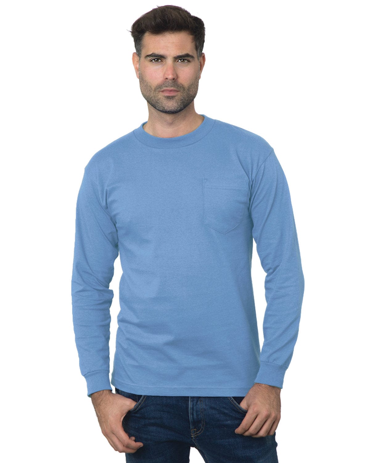 Bayside T-Shirts S / Carolina Blue Bayside BA3055: Unisex Union-Made Long-Sleeve Pocket Crew T-Shirt