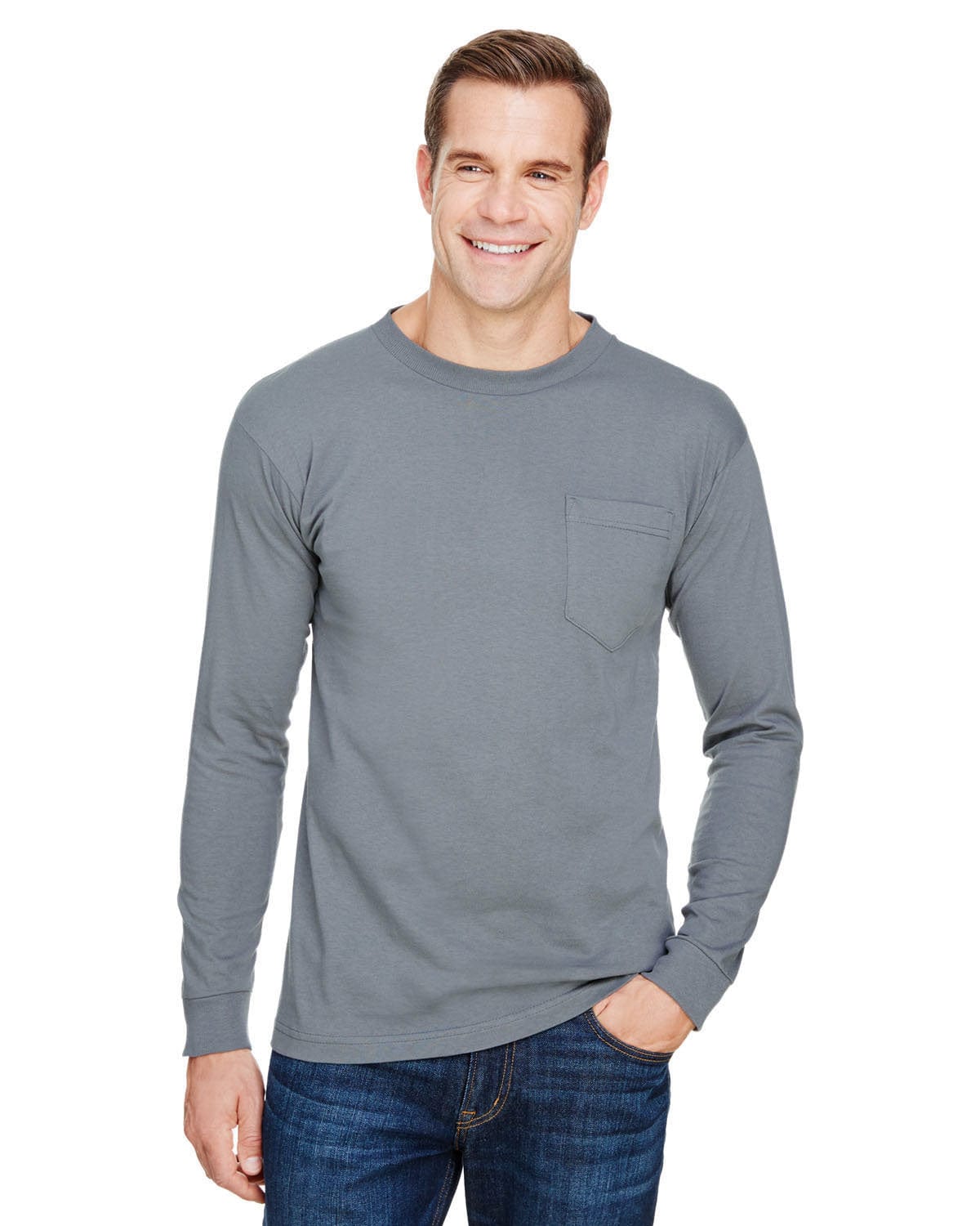 Bayside T-Shirts S / Charcoal Bayside BA3055: Unisex Union-Made Long-Sleeve Pocket Crew T-Shirt