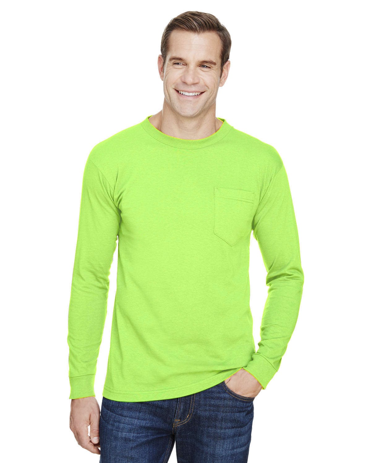 Bayside T-Shirts S / Lime Green Bayside BA3055: Unisex Union-Made Long-Sleeve Pocket Crew T-Shirt