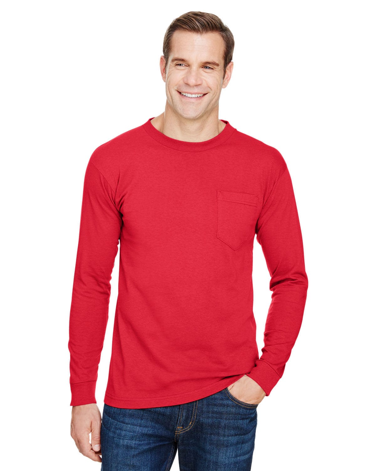 Bayside T-Shirts S / Red Bayside BA3055: Unisex Union-Made Long-Sleeve Pocket Crew T-Shirt