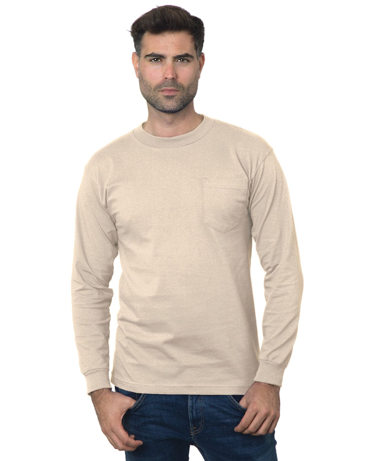 Bayside T-Shirts S / Sand Bayside BA3055: Unisex Union-Made Long-Sleeve Pocket Crew T-Shirt