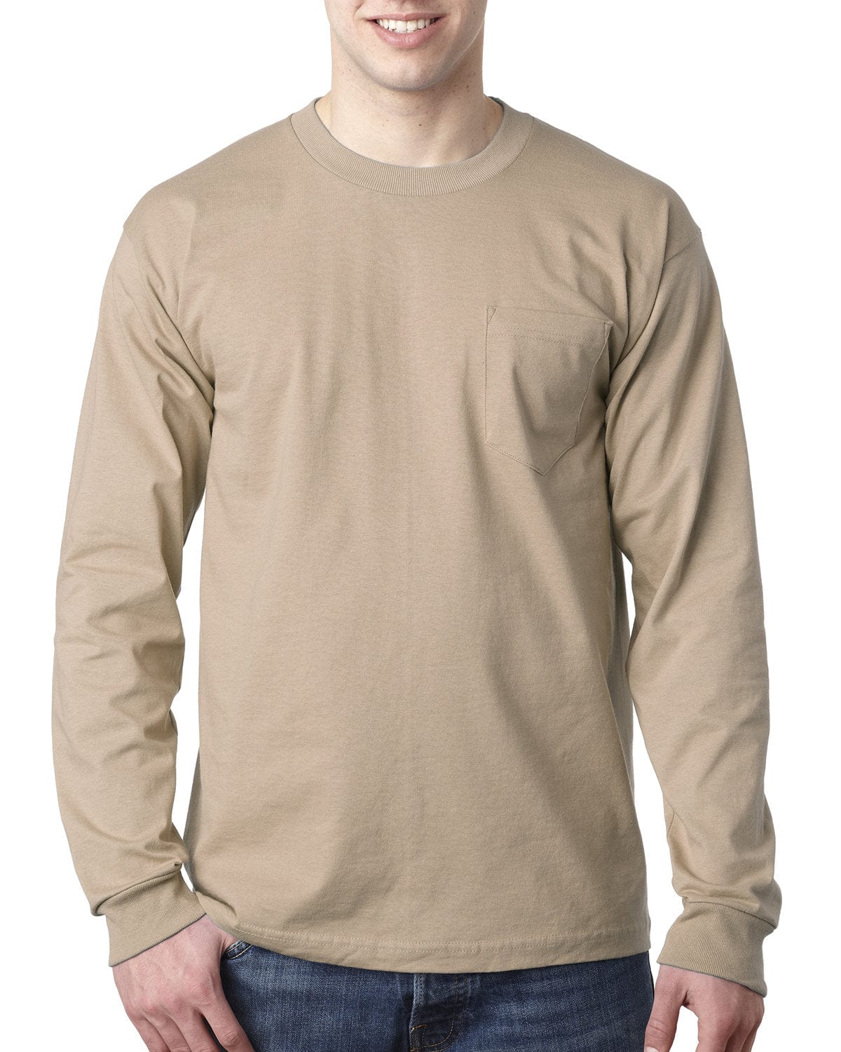 Bayside T-Shirts S / Sand Bayside BA8100: Adult 6.1 oz., 100% Cotton Long Sleeve Pocket T-Shirt, Basic Colors