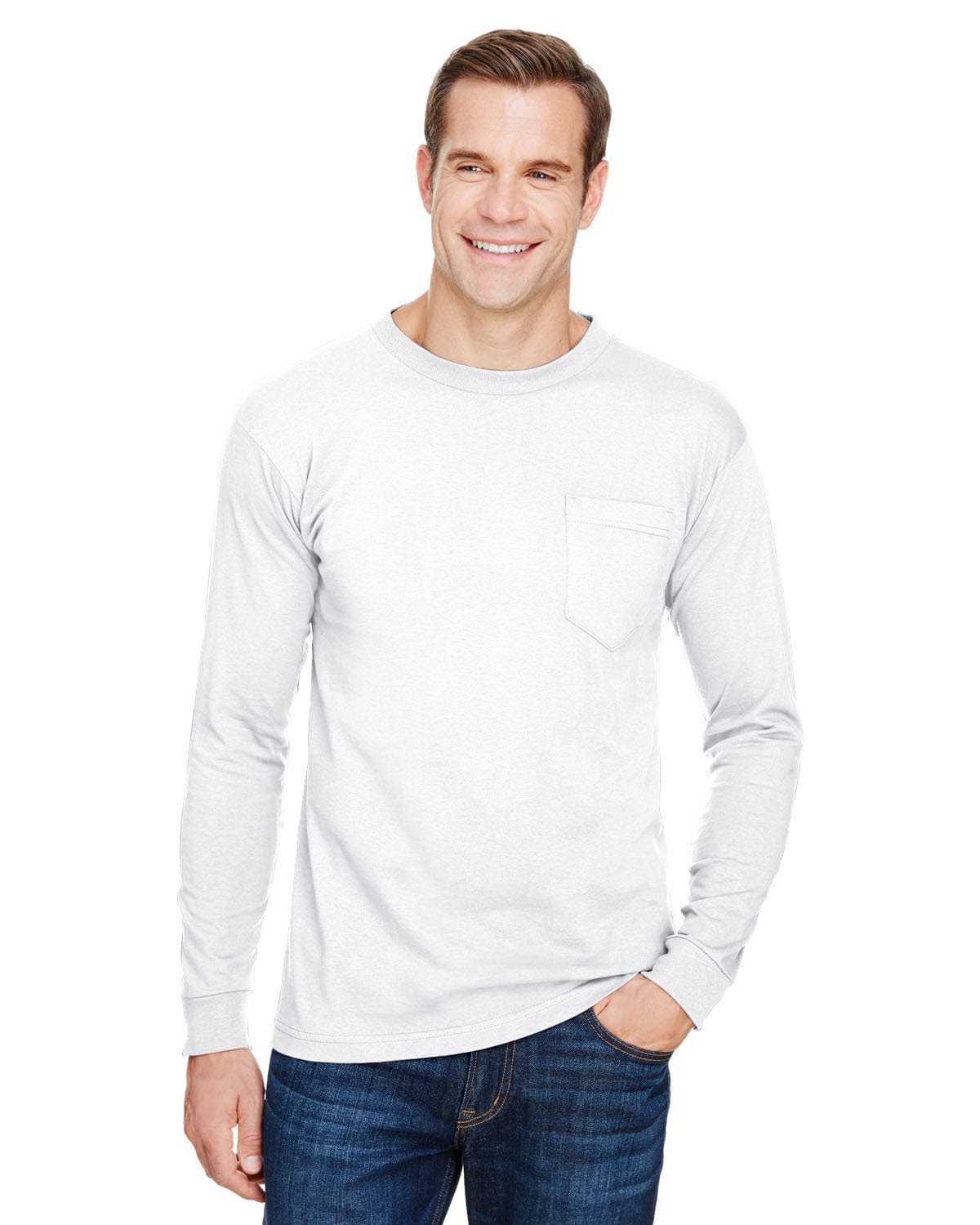 Bayside T-Shirts S / White Bayside BA3055: Unisex Union-Made Long-Sleeve Pocket Crew T-Shirt