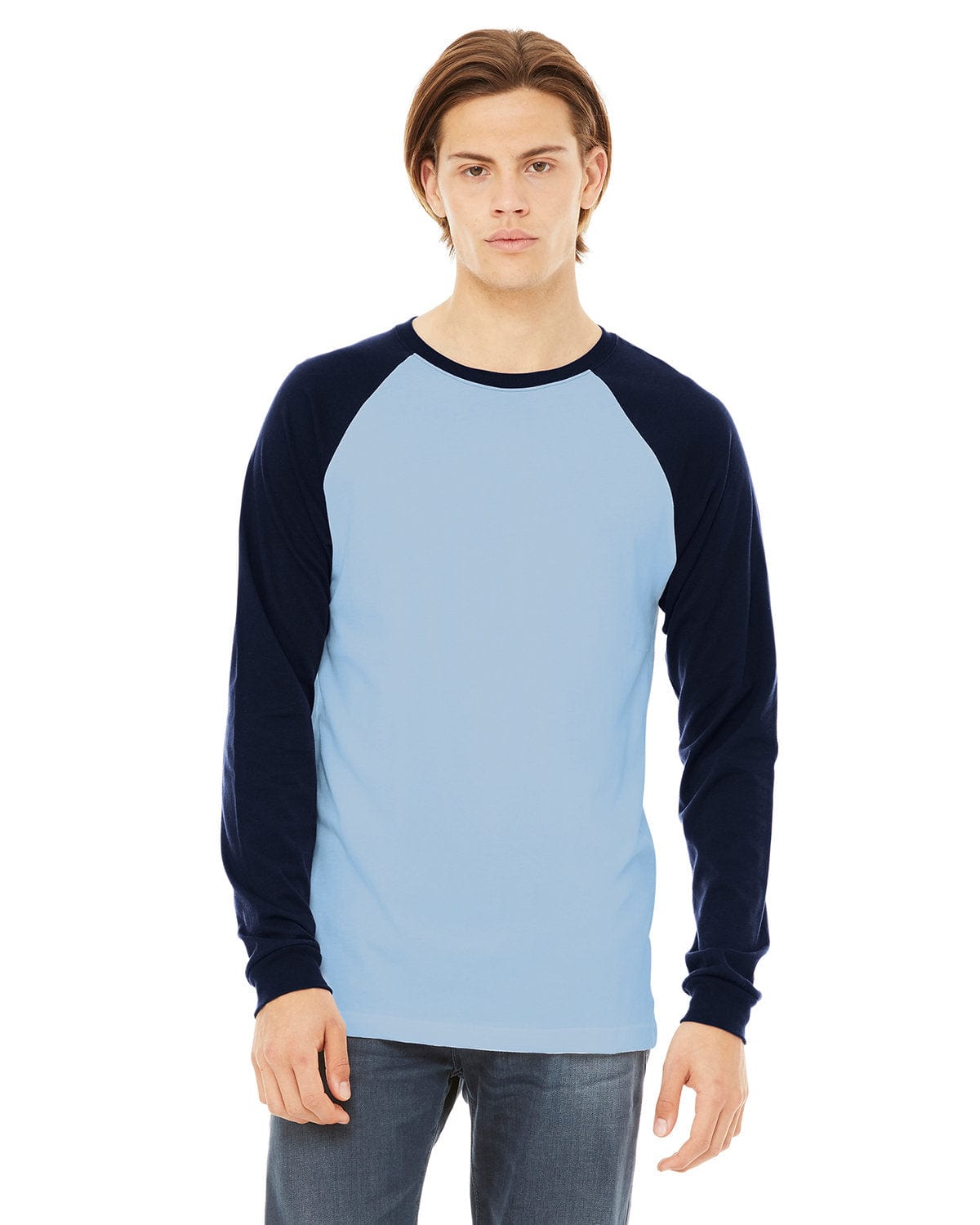 Bella Canvas T-Shirts S / Baby Blue/ Navy Bella&Canvas 3000C: Men's Long Sleeve Baseball T- Shirt