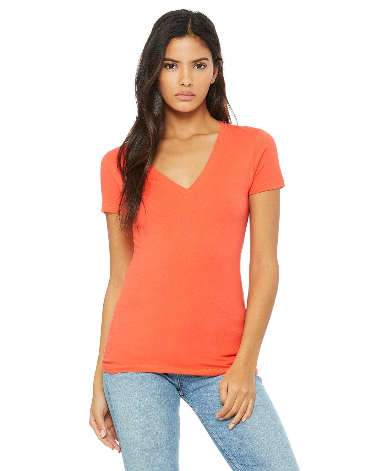 Bella Canvas T-Shirts S / Coral Bella+Canvas B6035: Ladies' Jersey Short-Sleeve Deep V-Neck T-Shirt