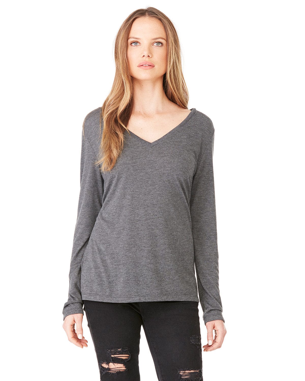 Bella Canvas T-Shirts S / Dark Gry Heather Bella + Canvas 8855: Ladies' Flowy Long Sleeve V-Neck