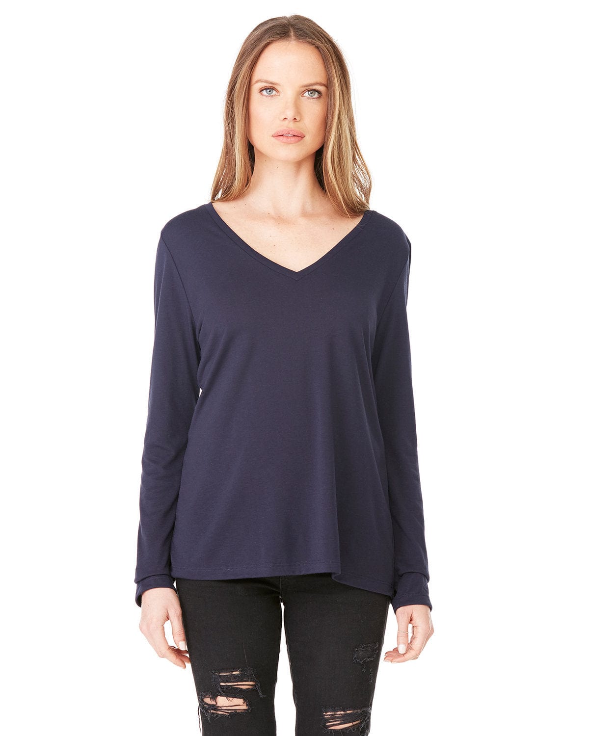 Bella Canvas T-Shirts S / Midnight Bella + Canvas 8855: Ladies' Flowy Long Sleeve V-Neck