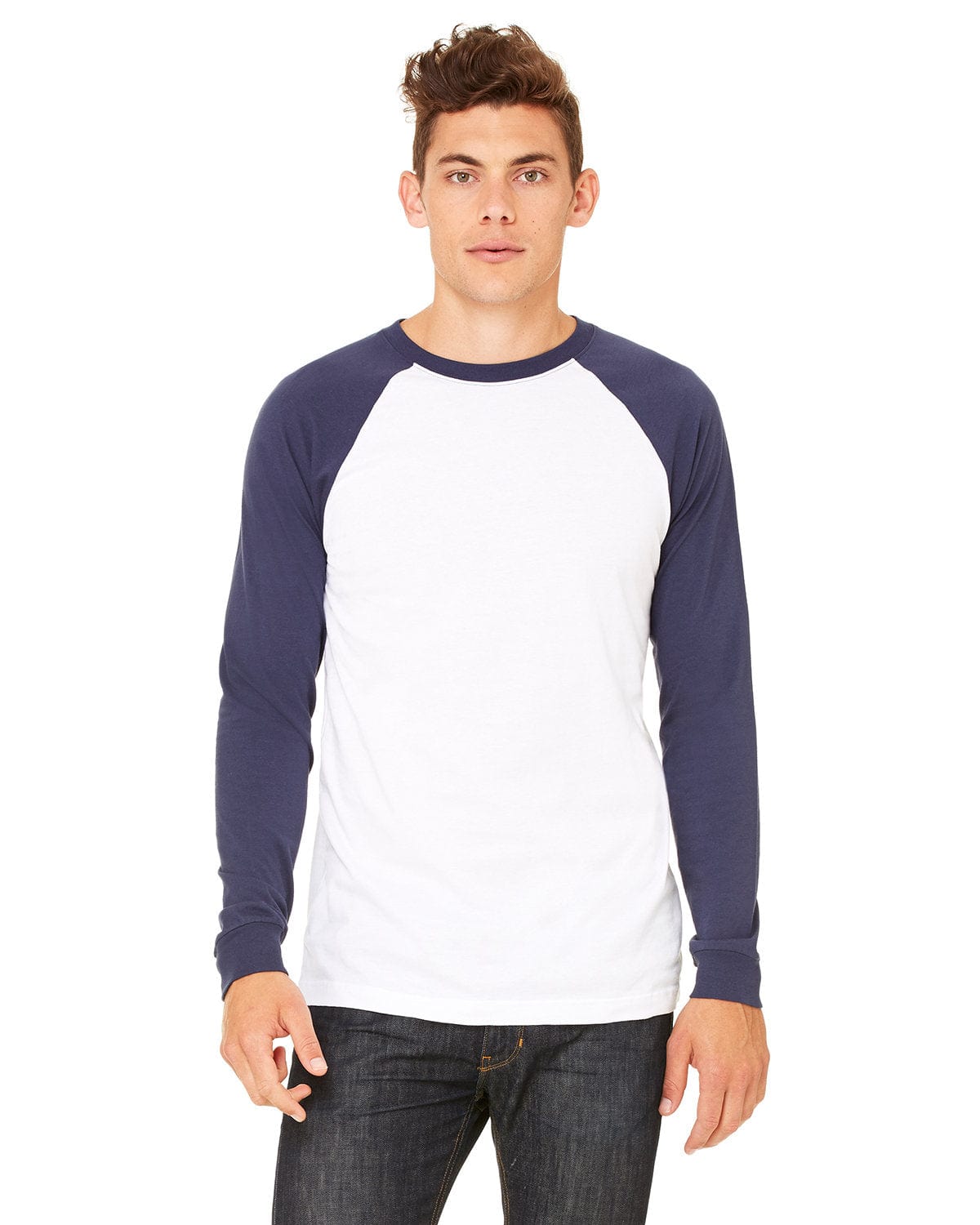Bella Canvas T-Shirts S / White/ Navy Bella&Canvas 3000C: Men's Long Sleeve Baseball T- Shirt