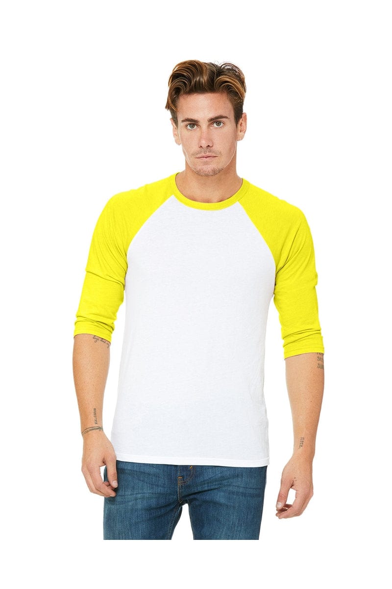 Bella Canvas T-Shirts XS / Wht/ Neon Yellow Bella+Canvas 3200: Unisex 3/4-Sleeve Baseball T-Shirt
