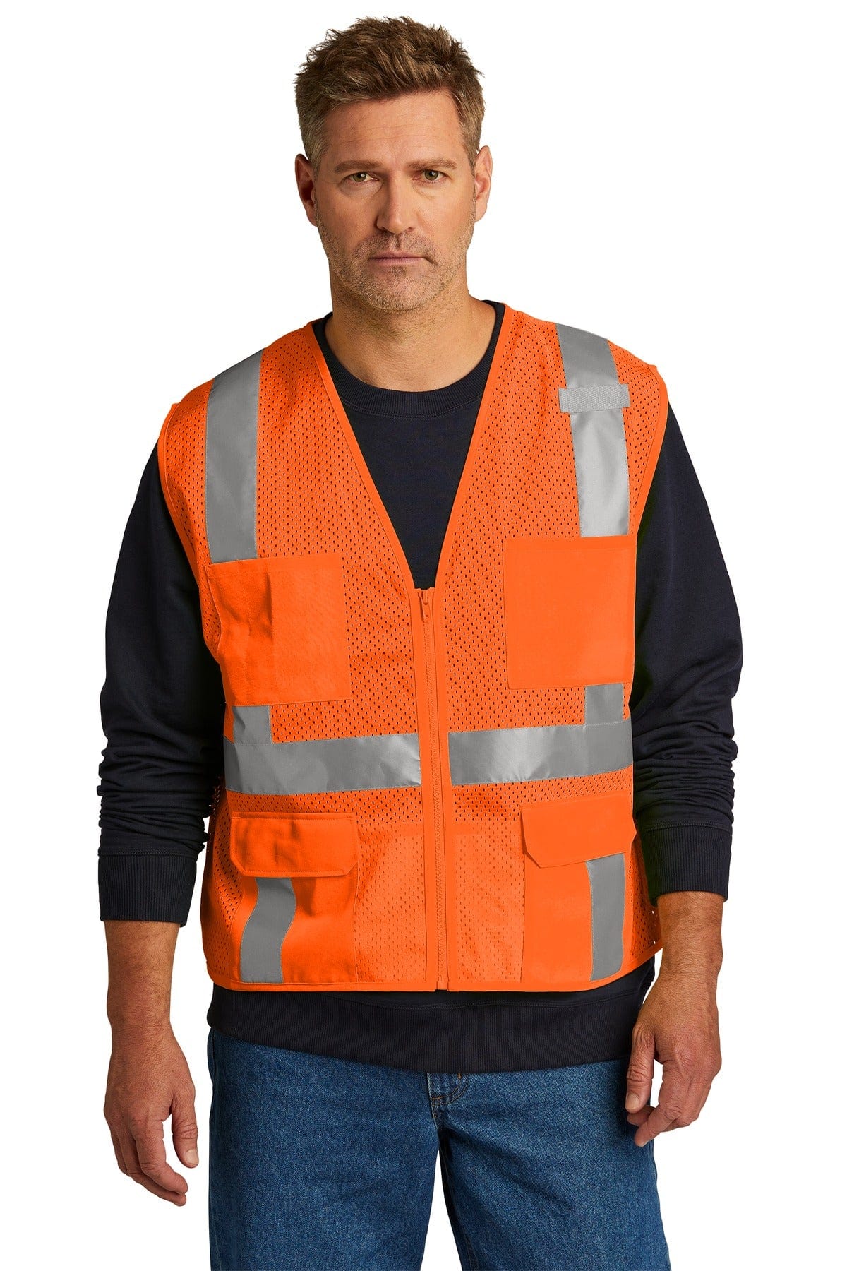 CornerStone Workwear S/M / Safety Orange CornerStone  ®  ANSI 107 Class 2 Mesh Six-Pocket Zippered Vest. CSV104