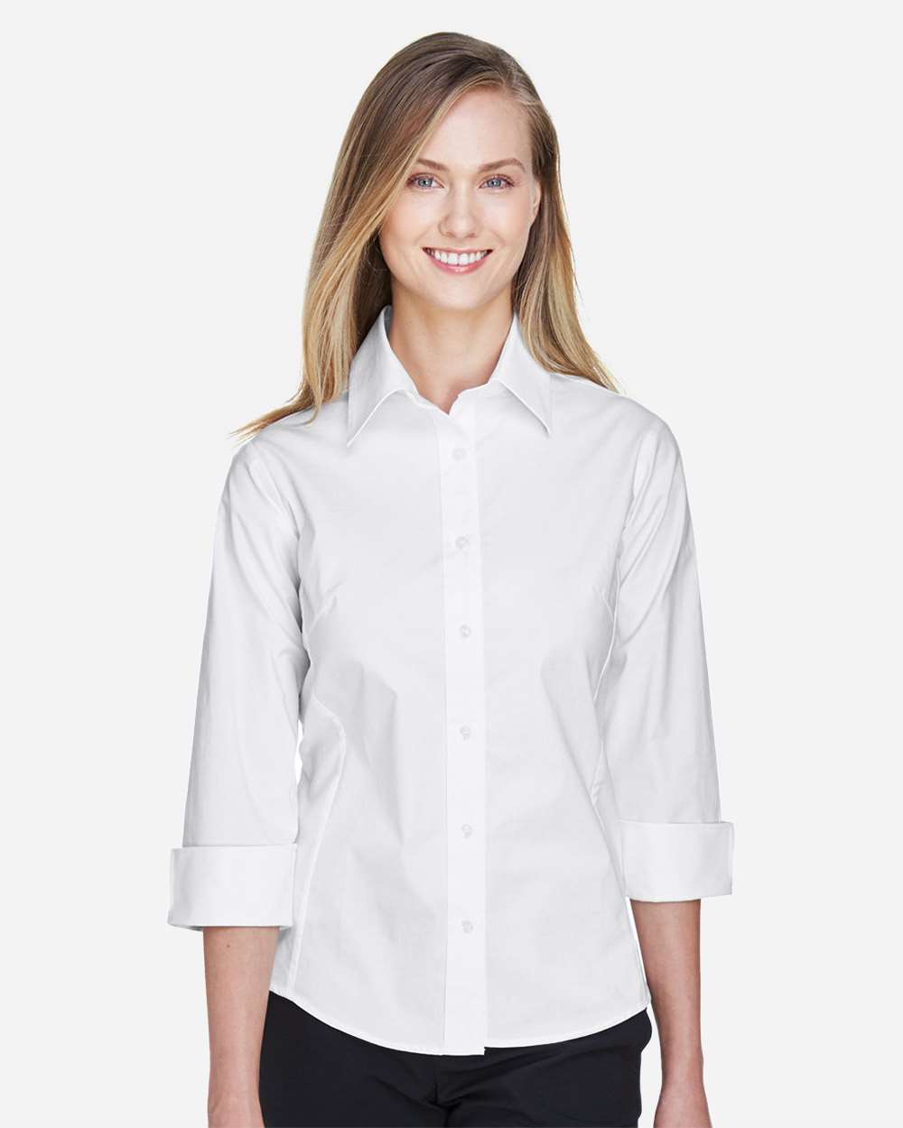 Devon & Jones Wovens XS / White Devon & Jones DP625W Women's Perfect Fit™ Three-Quarter Sleeve Stretch Poplin Dress Shirt