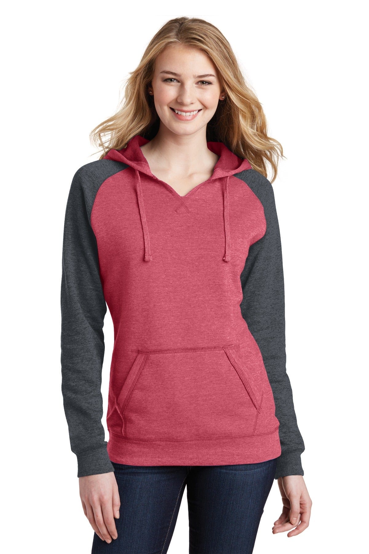 District Sweatshirts/Fleece XS / Heathered Red/ Heathered Charcoal District DT296: Women's Lightweight Fleece Raglan Hoodie