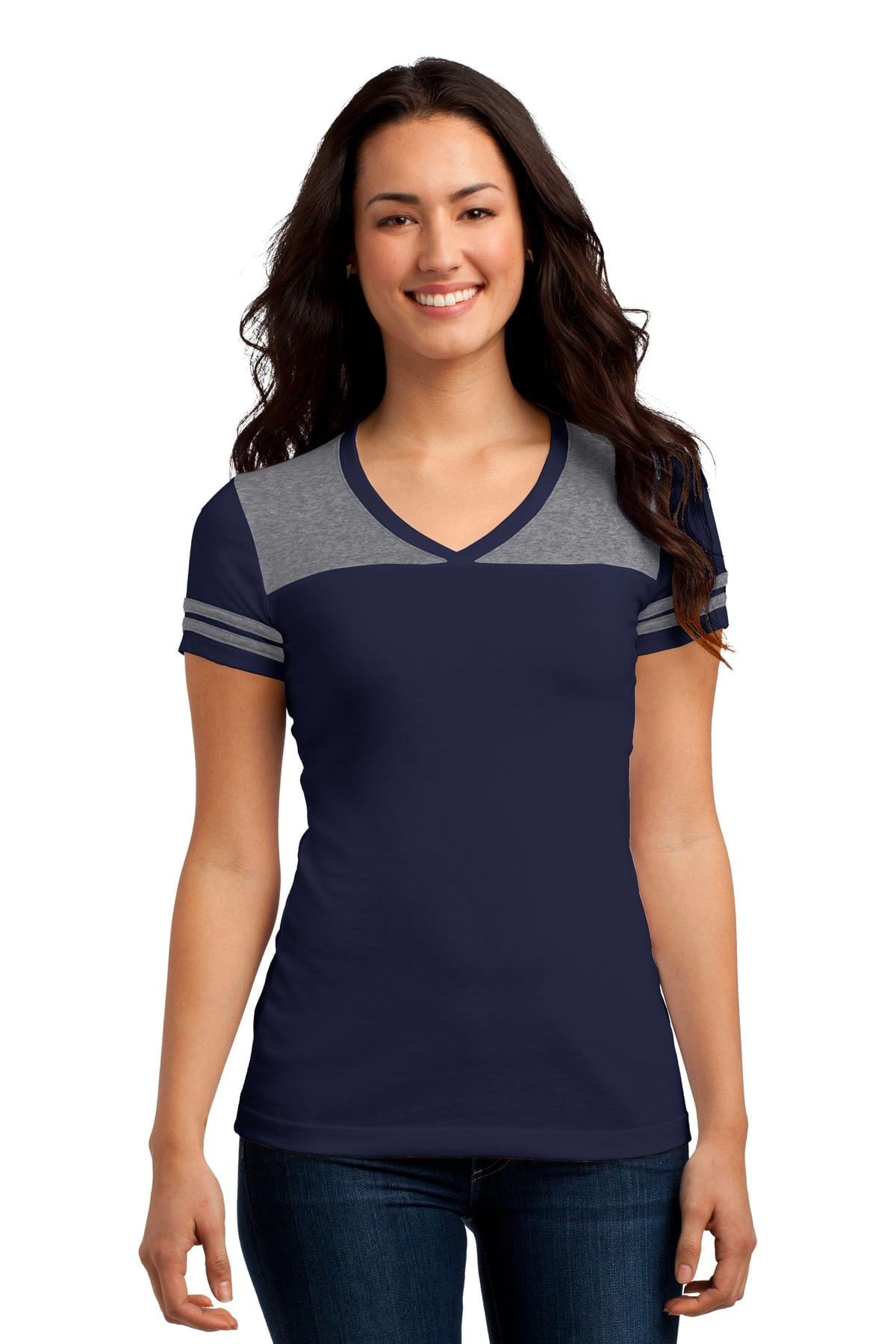 District T-Shirts S / True Navy/ Heathered Nickel DISCONTINUED  District ®  Juniors Varsity V-Neck Tee. DT264