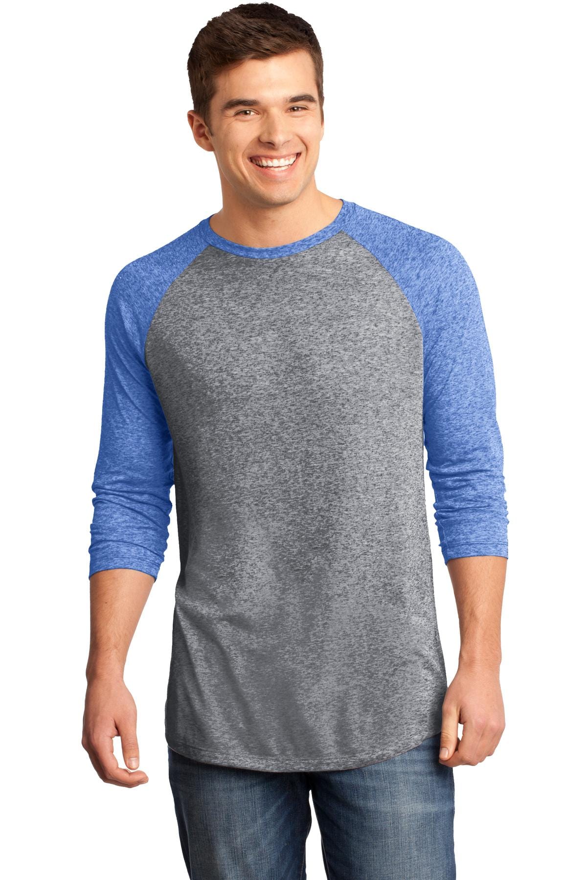 District T-Shirts XS / Deep Royal/ Heathered Nickel DISCONTINUED  District ®  - Young Mens Microburn ®  3/4-Sleeve Raglan Tee. DT162