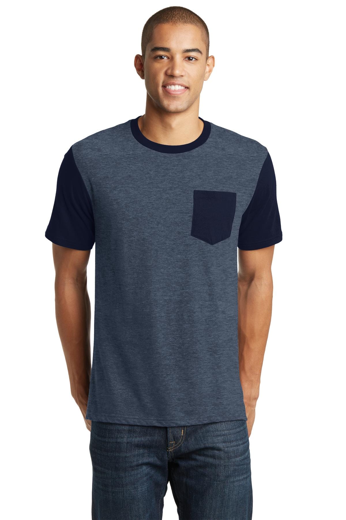 District T-Shirts XS / Heathered Navy/ New Navy DISCONTINUED  District ®  Young Mens Very Important Tee ®  with Contrast Sleeves and Pocket. DT6000SP