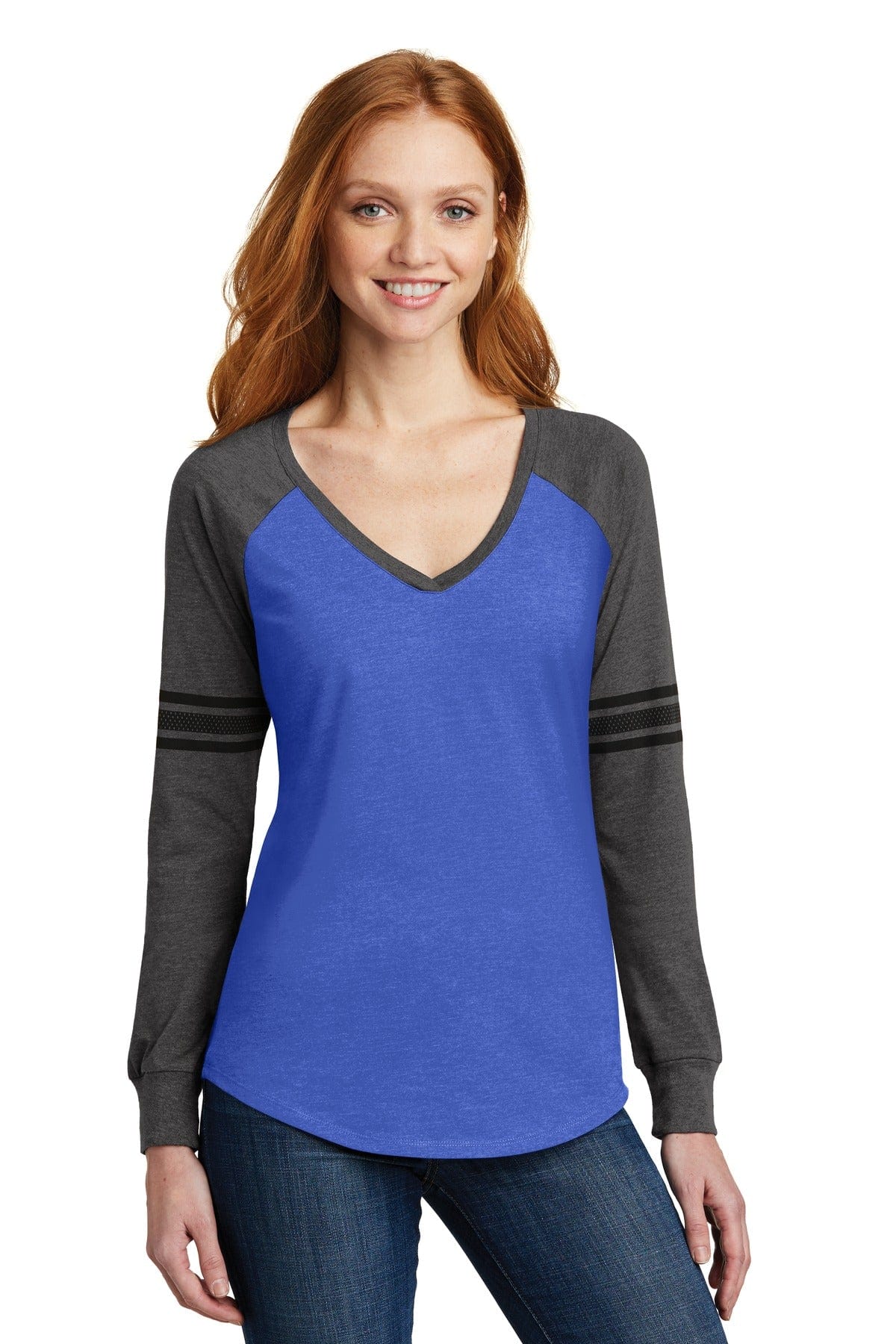 District T-Shirts XS / Heathered True Royal/ Heathered Charcoal/ Black District DM477: Women's Game Long Sleeve V-Neck Tee