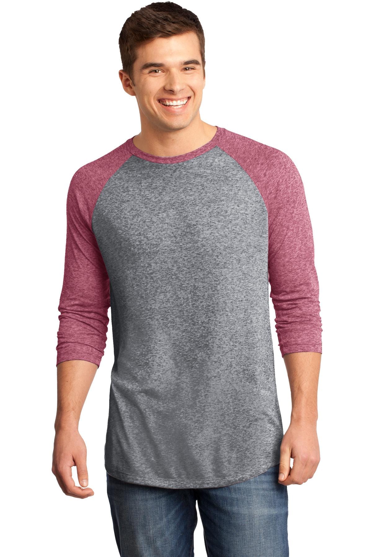 District T-Shirts M / Sangria/ Heathered Nickel DISCONTINUED  District ®  - Young Mens Microburn ®  3/4-Sleeve Raglan Tee. DT162