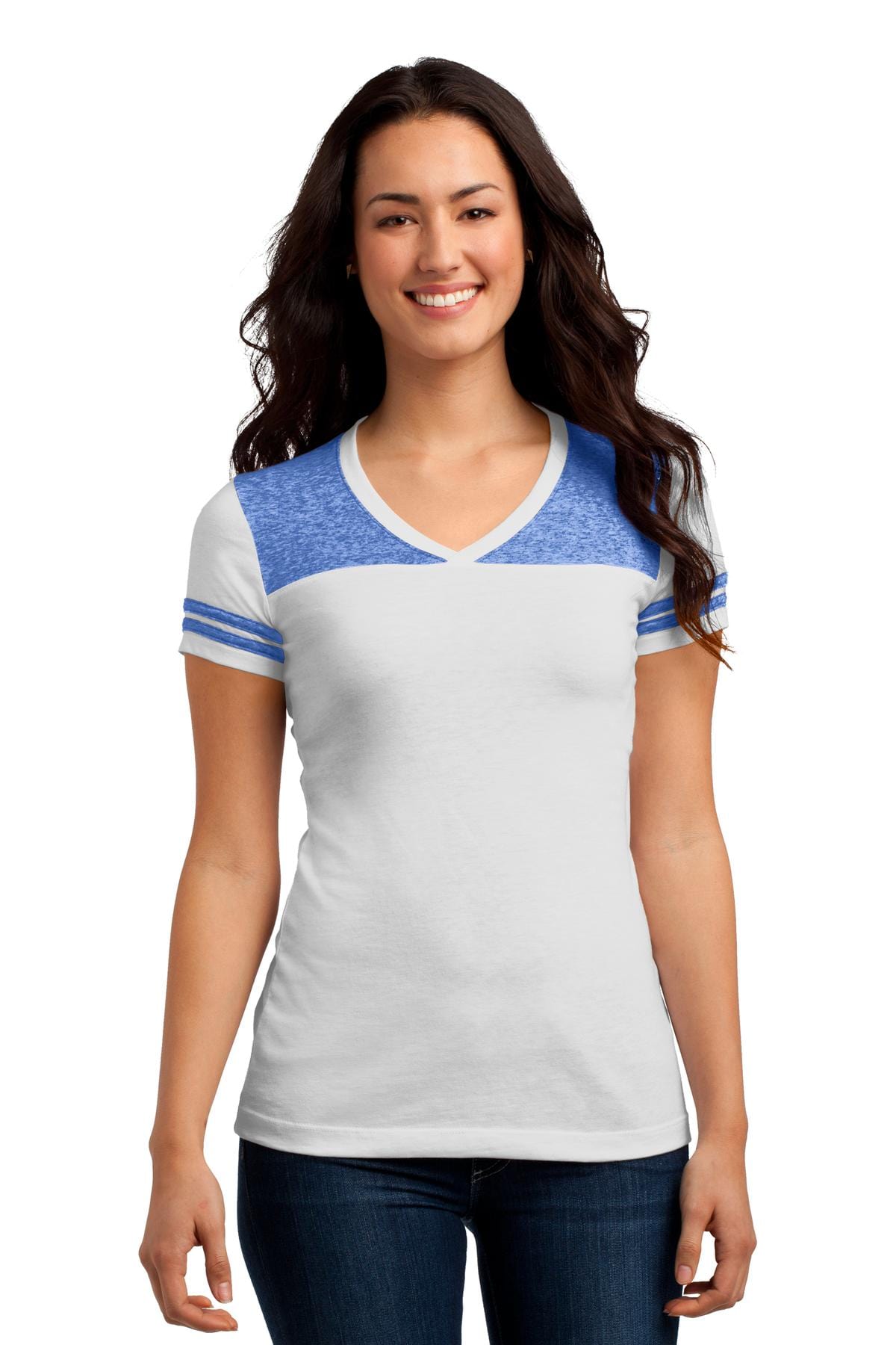 District T-Shirts XS / White/ Deep Royal DISCONTINUED  District ®  Juniors Varsity V-Neck Tee. DT264