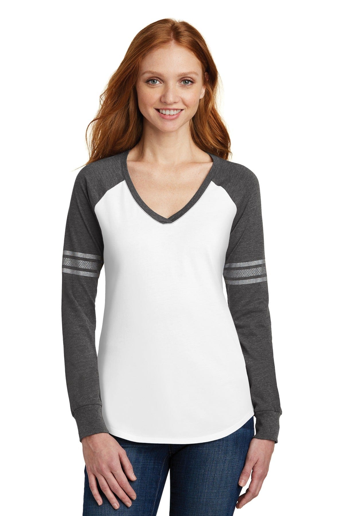 District T-Shirts XS / White/ Heathered Charcoal/ Silver District DM477: Women's Game Long Sleeve V-Neck Tee