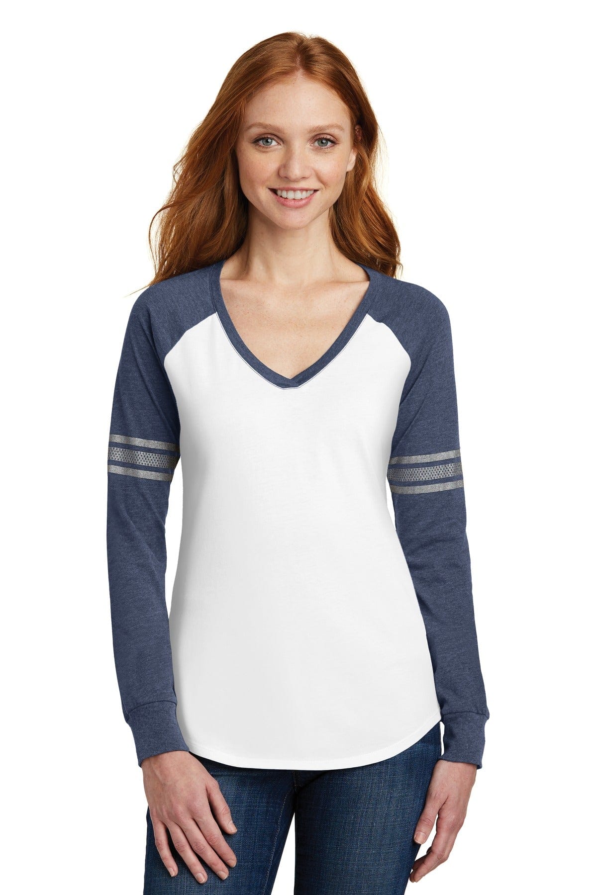 District T-Shirts XS / White/ True Heathered Navy District DM477: Women's Game Long Sleeve V-Neck Tee