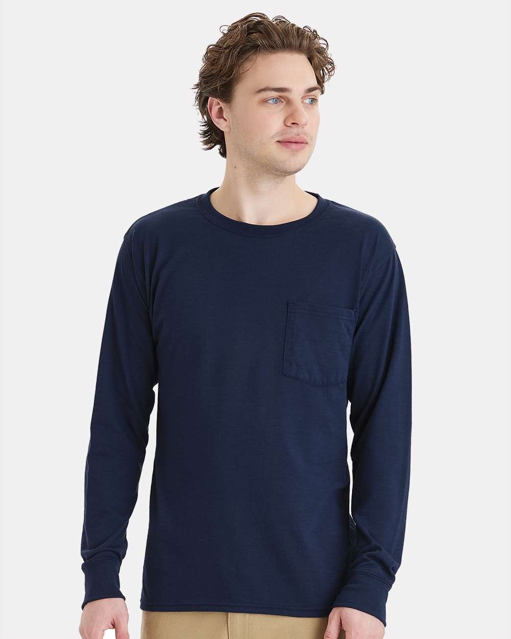 Hanes T-Shirts - Long Sleeve S / Navy Hanes W120 Unisex Workwear Long Sleeve Pocket T-Shirt