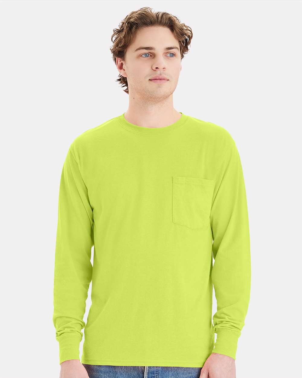 Hanes T-Shirts - Long Sleeve S / Safety Green Hanes W120 Unisex Workwear Long Sleeve Pocket T-Shirt